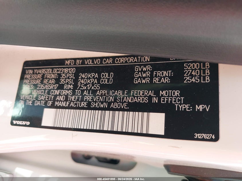 2012 Volvo Xc60 VIN YV4952DL0C2318120 IAAI salvage auction — NORMAL WEAR, Clear (Virginia), sold $775 on 2026-07-15 (photo 9)