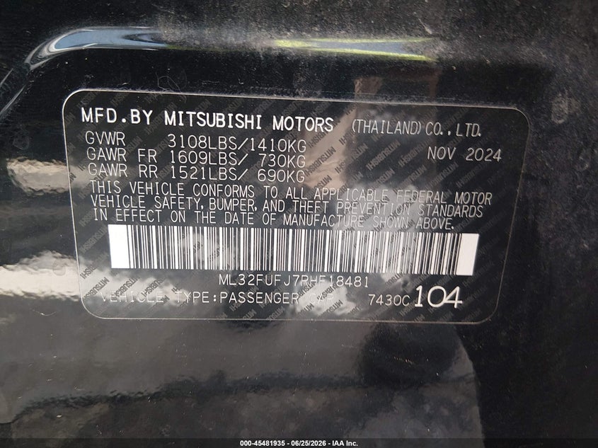 2024 Mitsubishi Mirage VIN ML32FUFJ7RHF18481 IAAI salvage auction — FRONT END, Enterprise Vehicles Salvage Only (Florida), sold $1,575 on 2026-07-20 (photo 9)