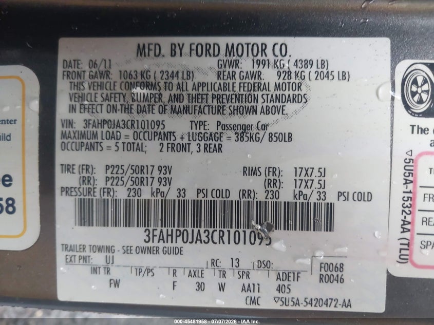 2012 Ford Fusion VIN 3FAHP0JA3CR101095 IAAI salvage auction — LEFT FRONT, Clear (Massachusetts), sold $1,450 on 2026-07-09 (photo 9)