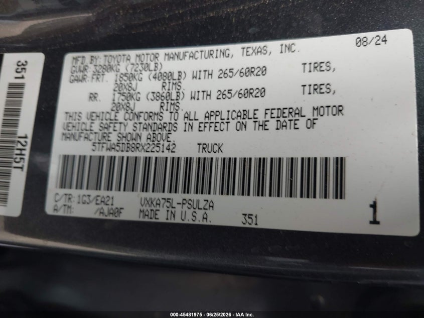 2024 Toyota Tundra VIN 5TFWA5DB8RX225142 IAAI salvage auction — LEFT FRONT, Salvage Title, sold $19,600 on 2026-07-21 (photo 9)