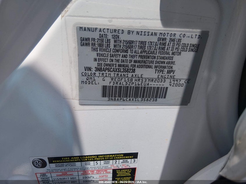 2025 Nissan Kicks VIN 3N8AP6CAXSL358238 IAAI salvage auction — REAR END, Clear (South Carolina), sold $7,500 on 2026-08-19 (photo 9)