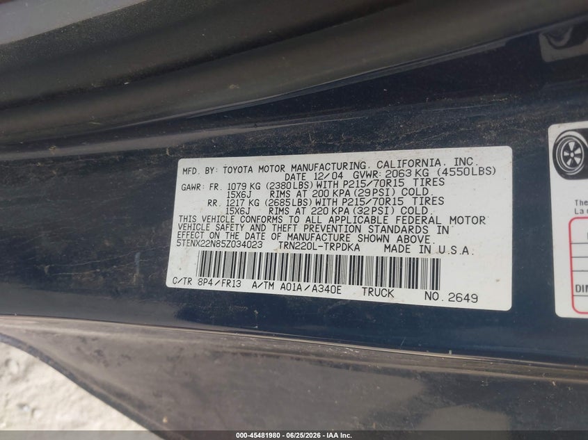 2005 Toyota Tacoma VIN 5TENX22N85Z034023 IAAI salvage auction — FRONT END, Salvage (Georgia), sold $1,750 on 2026-07-22 (photo 9)
