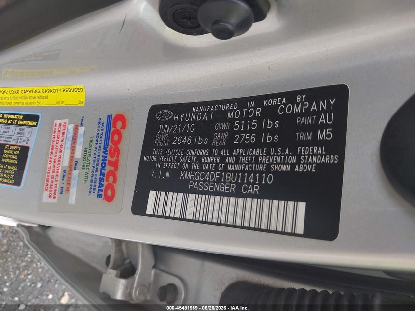 2011 Hyundai Genesis VIN KMHGC4DF1BU114110 IAAI salvage auction — FRONT END, Salvage - Greater Than 75% (Maryland), sold $475 on 2026-07-30 (photo 9)