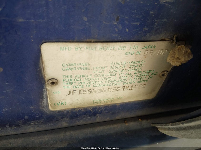 2003 Subaru Forester VIN JF1SG63693G741482 IAAI salvage auction — NORMAL WEAR, Clear (Colorado), sold $300 on 2026-07-07 (photo 9)