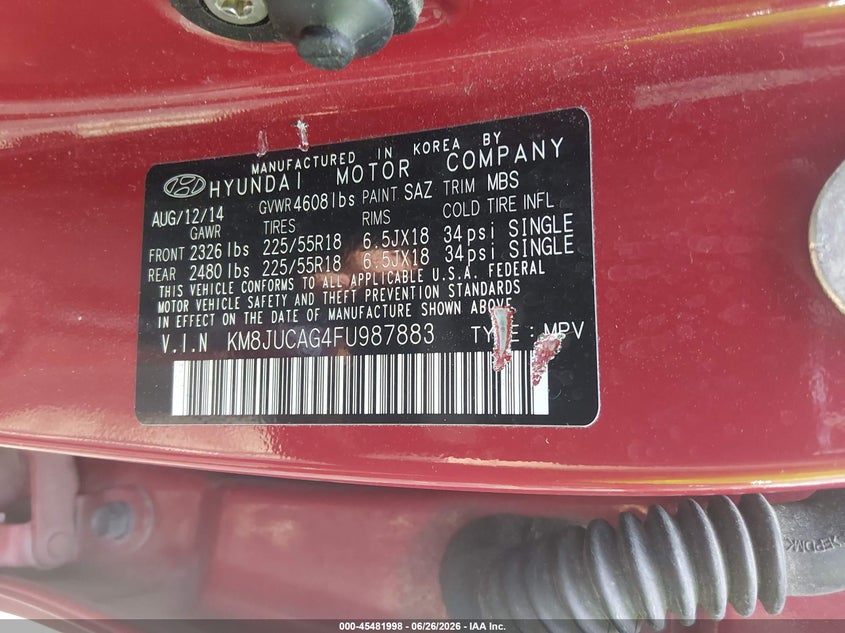 2015 Hyundai Tucson VIN KM8JUCAG4FU987883 IAAI salvage auction — FRONT END, Salvage (Virginia), sold $1,200 on 2026-07-11 (photo 9)