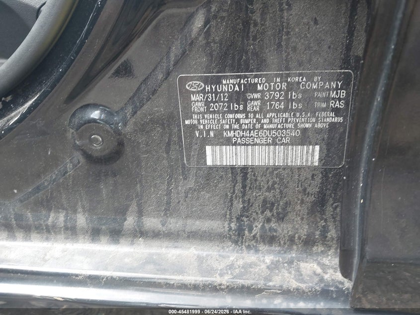 2013 Hyundai Elantra VIN KMHDH4AE6DU503540 IAAI salvage auction — NORMAL WEAR, Salvage (Rhode Island), sold $1,000 on 2026-07-28 (photo 9)
