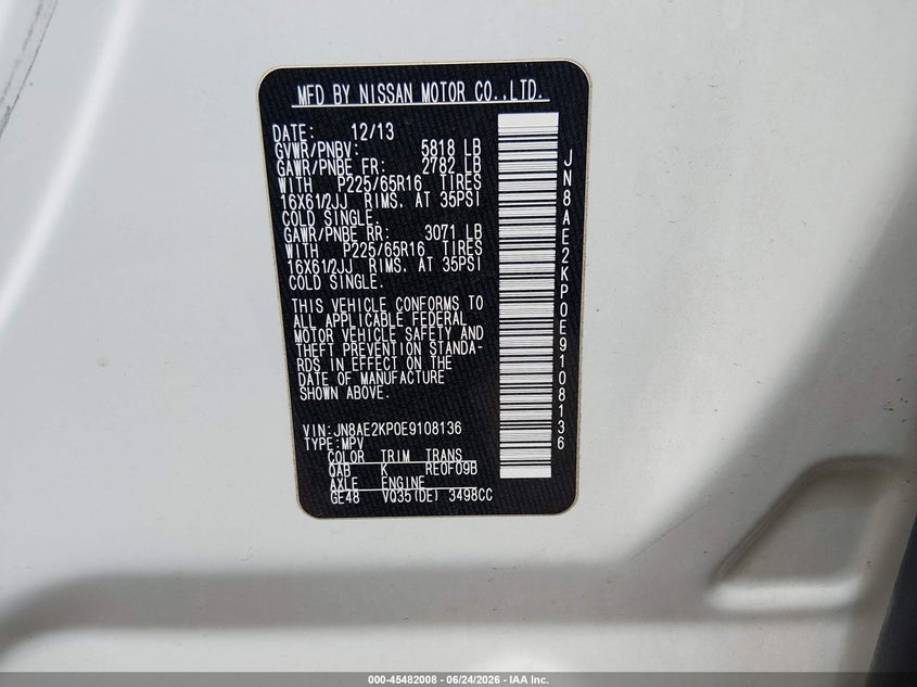 2014 Nissan Quest VIN JN8AE2KP0E9108136 IAAI salvage auction — NORMAL WEAR, Clear-Dealer Only (Arizona), sold $725 on 2026-07-28 (photo 9)