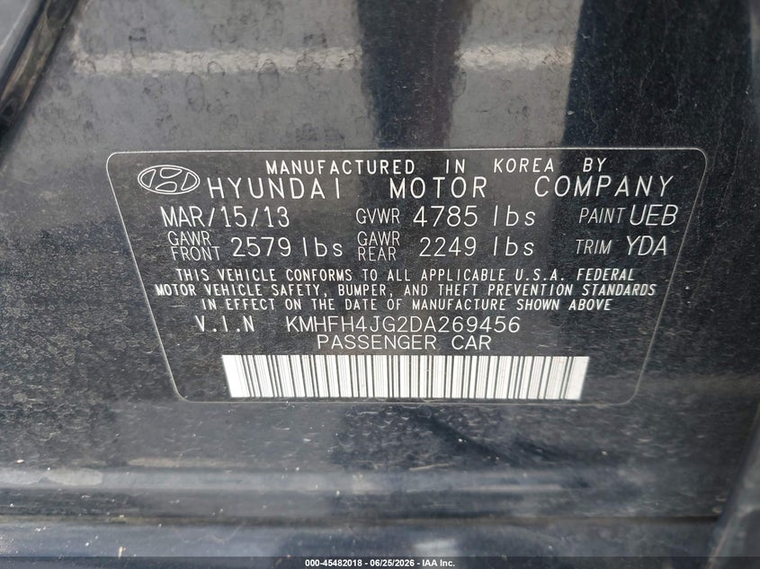 2013 Hyundai Azera VIN KMHFH4JG2DA269456 IAAI salvage auction — SIDE, Salvage (North Carolina), sold $1,600 on 2026-07-11 (photo 9)