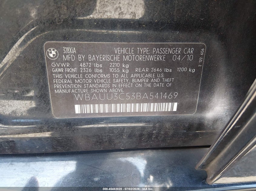 2011 BMW 3 series VIN WBAUU3C53BA541469 IAAI salvage auction — LEFT REAR, Salvage (California), sold $1,875 on 2026-07-30 (photo 9)
