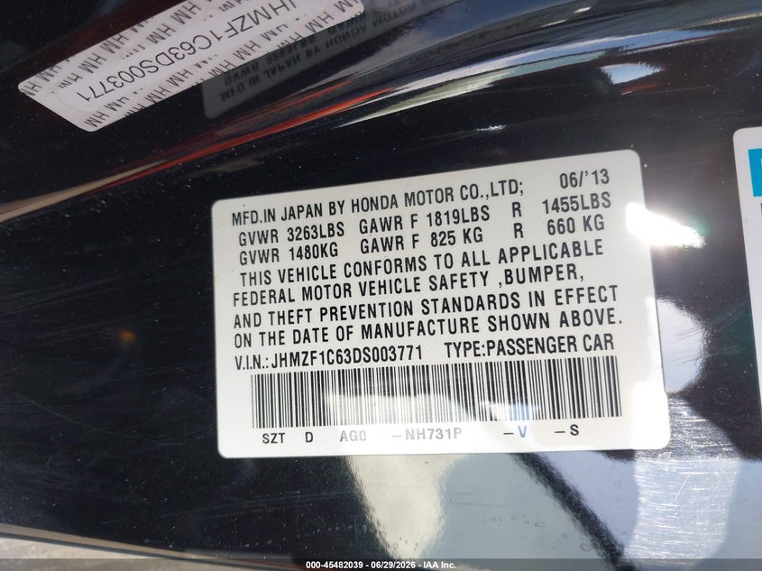 2013 Honda Cr-z VIN JHMZF1C63DS003771 IAAI salvage auction — FRONT & REAR, Salvage Certificate (California), sold $450 on 2026-07-31 (photo 9)