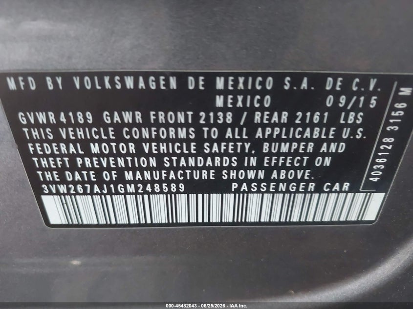 2016 Volkswagen Jetta VIN 3VW267AJ1GM248589 IAAI salvage auction — LEFT FRONT, Clear (Virginia), sold $1,400 on 2026-07-19 (photo 9)
