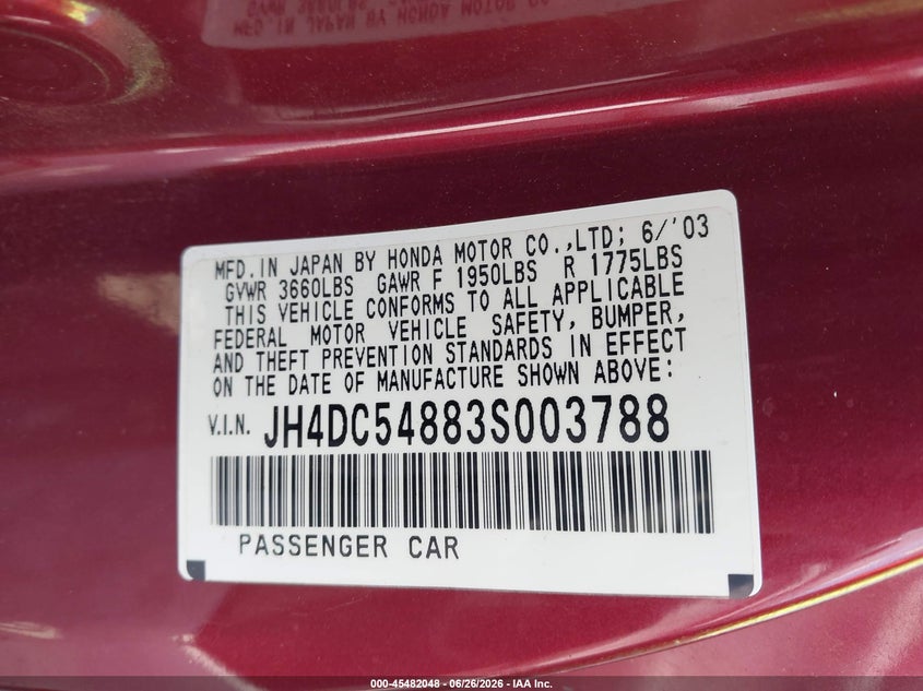 2003 Acura Rsx VIN JH4DC54883S003788 IAAI salvage auction — NORMAL WEAR, Original (Texas), sold $325 on 2026-07-14 (photo 9)
