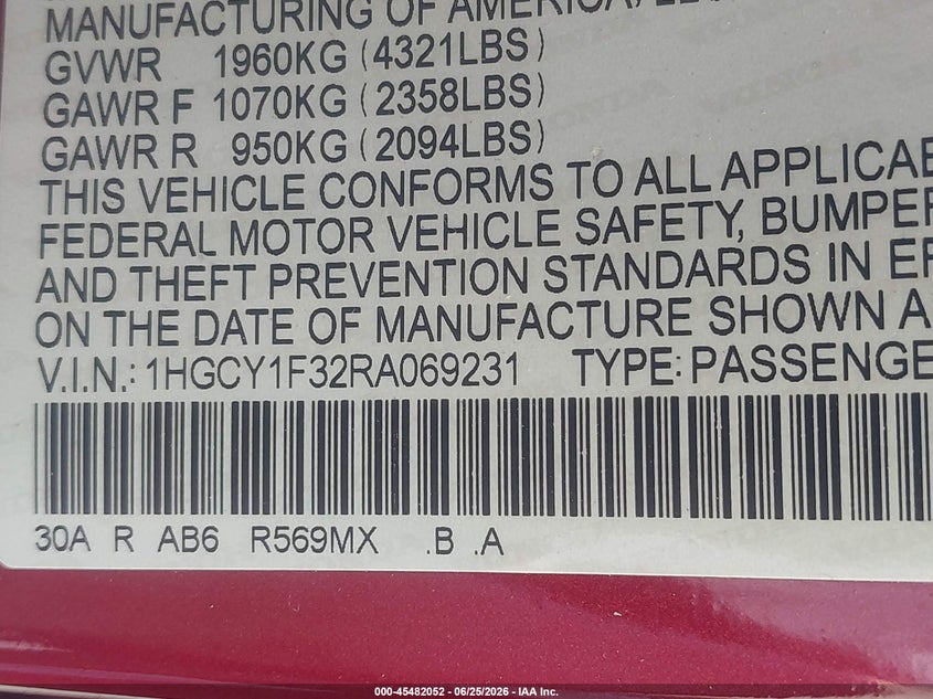 2024 Honda Accord VIN 1HGCY1F32RA069231 IAAI salvage auction — FRONT END, Salvage Title, sold $8,200 on 2026-07-30 (photo 9)