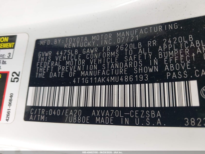 2021 Toyota Camry VIN 4T1G11AK4MU486193 IAAI salvage auction — FRONT END, Clear (Indiana), sold $9,900 on 2026-08-01 (photo 9)