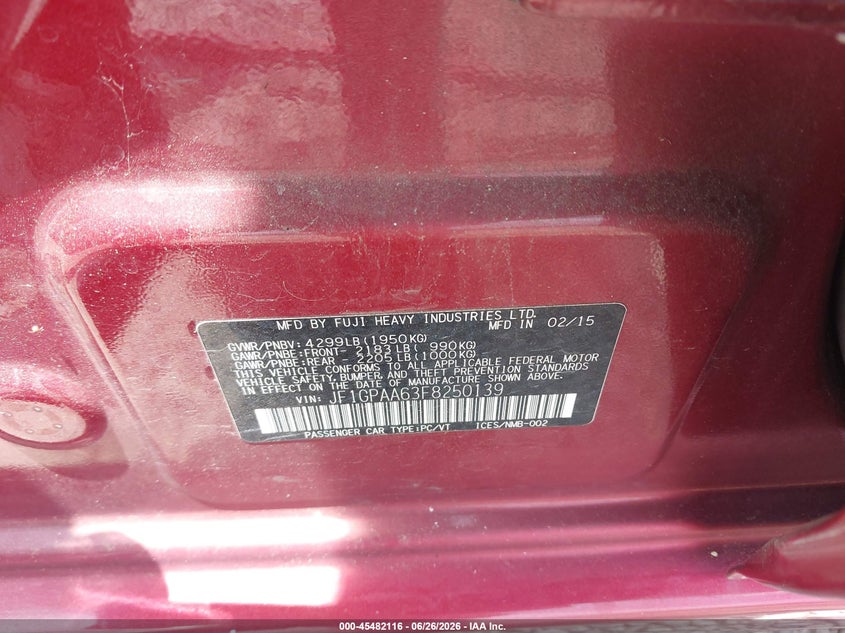 2015 Subaru Impreza VIN JF1GPAA63F8250139 IAAI salvage auction — NORMAL WEAR, Rebuilt/Restored (Utah), sold $300 on 2026-07-06 (photo 9)