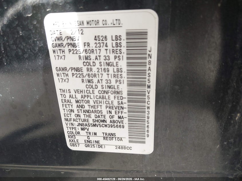 2012 Nissan Rogue VIN JN8AS5MV5CW395669 IAAI salvage auction — REAR END, Salvage (Utah), sold $400 on 2026-07-30 (photo 9)