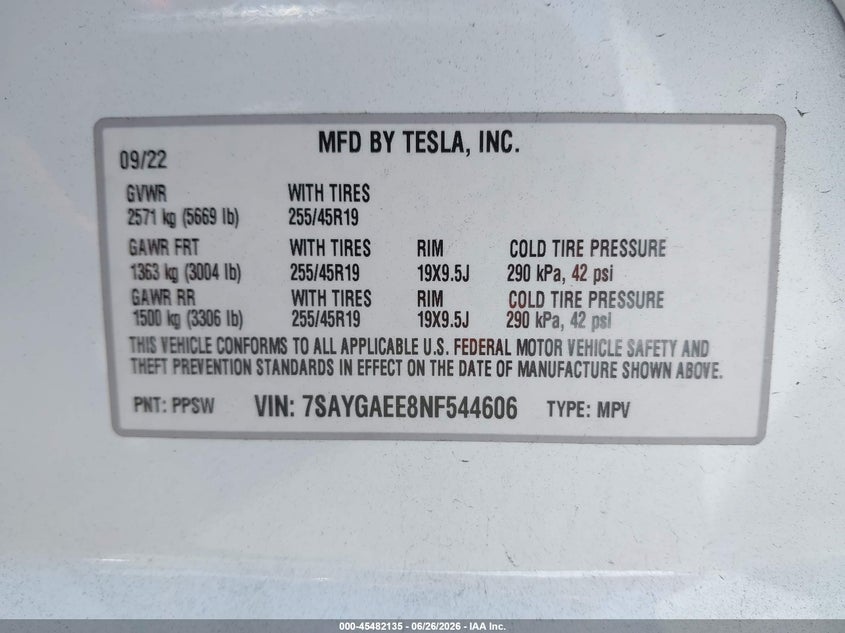2022 Tesla Model y VIN 7SAYGAEE8NF544606 IAAI salvage auction — FRONT END, Salvage (California), sold $10,600 on 2026-07-05 (photo 9)