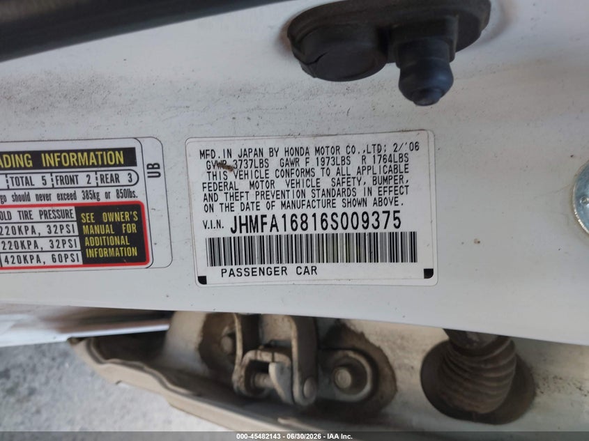 2006 Honda Civic VIN JHMFA16816S009375 IAAI salvage auction — REAR END, Salvage (California), sold $275 on 2026-07-13 (photo 9)