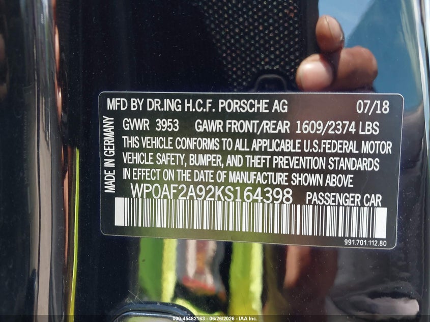 2019 Porsche 911 VIN WP0AF2A92KS164398 IAAI salvage auction — FRONT END, Salvage Title, sold $128,000 on 2026-08-06 (photo 9)