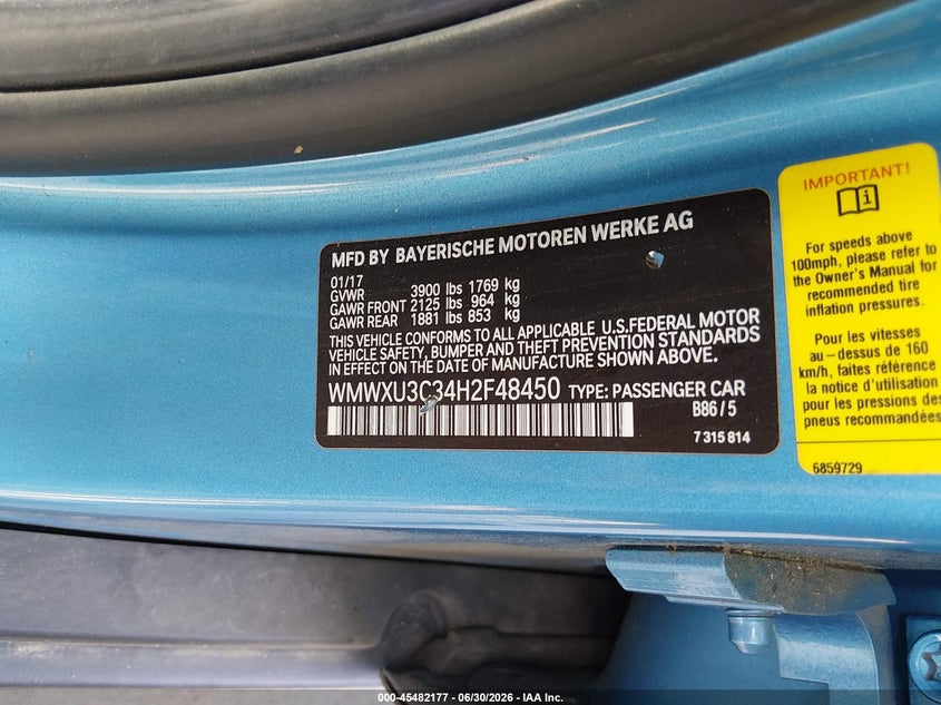 2017 Mini Hard top VIN WMWXU3C34H2F48450 IAAI salvage auction — FRONT END, Salvage (North Carolina), sold $1,500 on 2026-08-01 (photo 9)