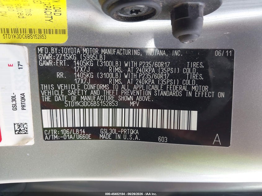 2011 Toyota Sienna VIN 5TDYK3DC6BS152853 IAAI salvage auction — LEFT REAR, Junk Bill Of Sale Mv2459 (Wisconsin), sold $2,275 on 2026-07-15 (photo 9)