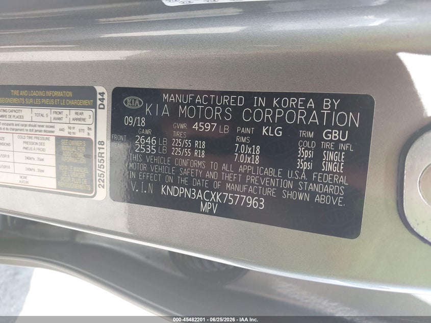 2019 Kia Sportage VIN KNDPN3ACXK7577963 IAAI salvage auction — REAR END, Rebuildable (Florida), sold $4,950 on 2026-07-16 (photo 9)