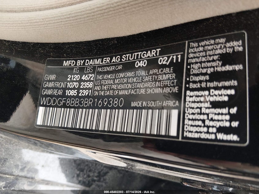 2011 Mercedes-benz C class VIN WDDGF8BB3BR169380 IAAI salvage auction — FRONT END, Clear (Massachusetts), sold $800 on 2026-07-24 (photo 9)