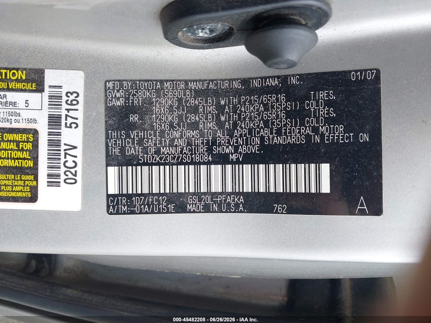 2007 Toyota Sienna VIN 5TDZK23C77S018084 IAAI salvage auction — REAR END, Clear (Massachusetts), sold $525 on 2026-07-24 (photo 9)