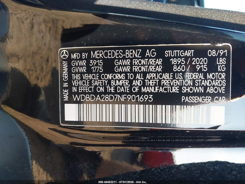 1992 Mercedes-benz 190 VIN WDBDA28D7NF901693 IAAI salvage auction — NORMAL WEAR, Clear (Tennessee), sold $3,750 on 2026-07-08 (photo 9)