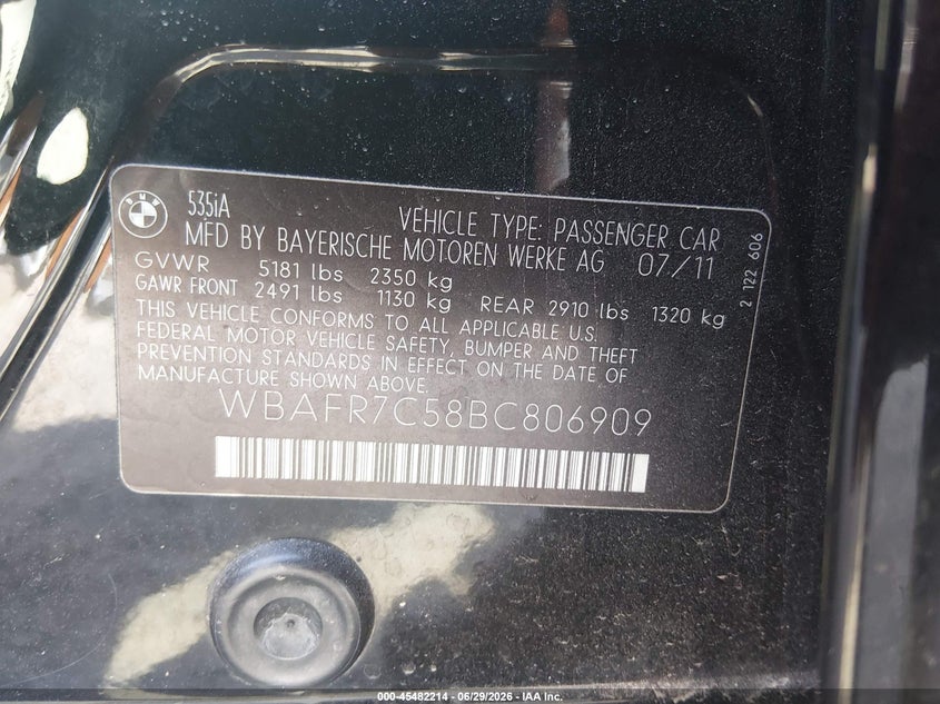 2011 BMW 5 series VIN WBAFR7C58BC806909 IAAI salvage auction — FRONT END, Salvage (Louisiana), sold $1,000 on 2026-07-29 (photo 9)