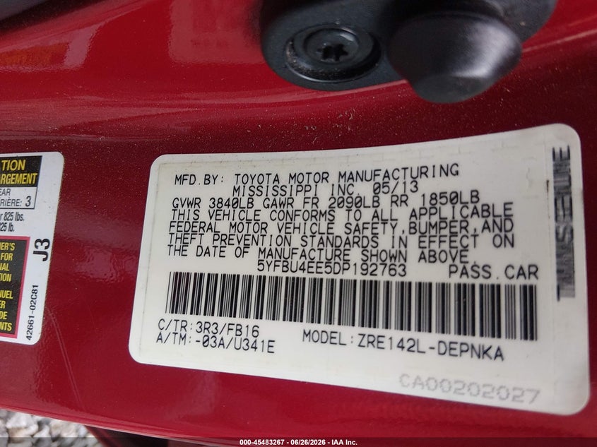 2013 Toyota Corolla VIN 5YFBU4EE5DP192763 IAAI salvage auction — Right Front, Salvage, sold $2,100 on 2026-10-19 (photo 9)