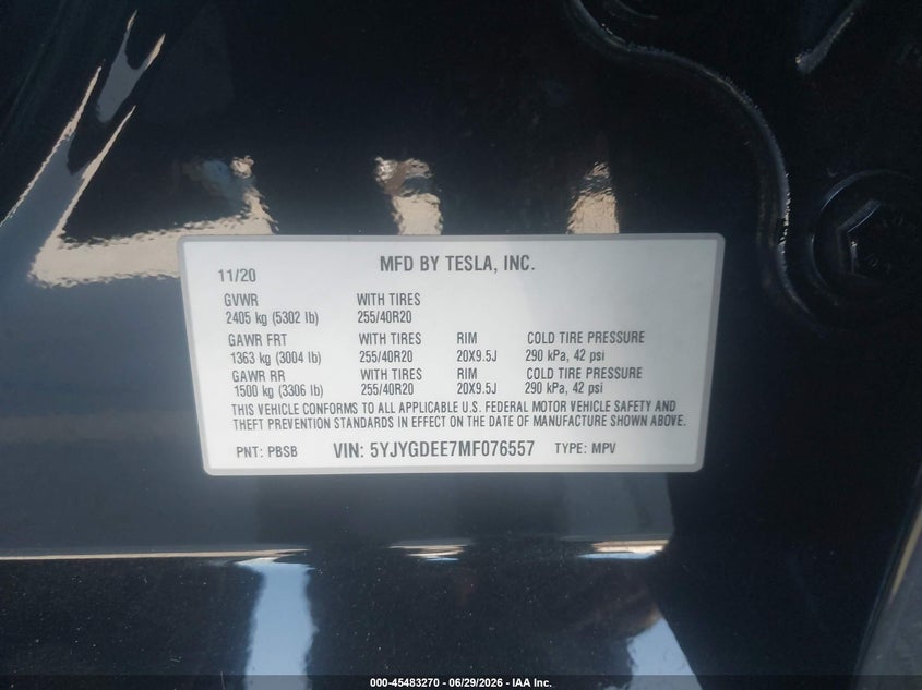 2021 Tesla Model y VIN 5YJYGDEE7MF076557 IAAI salvage auction — REAR END, Salvage (California), sold $8,100 on 2026-07-20 (photo 9)