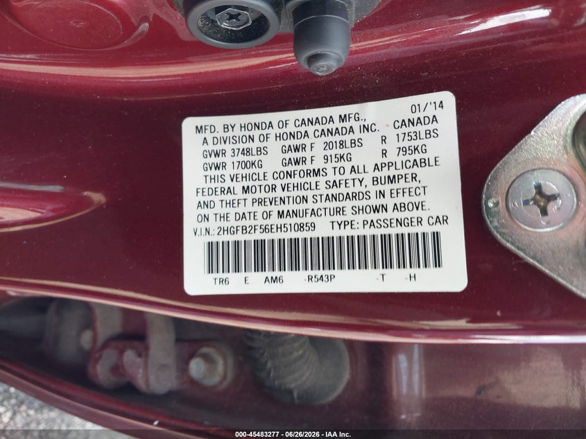 2014 Honda Civic VIN 2HGFB2F56EH510859 IAAI salvage auction — FRONT END, Clear (South Carolina), sold $3,050 on 2026-07-29 (photo 9)