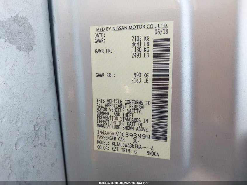 2018 Nissan Maxima VIN 1N4AA6AP7JC393999 IAAI salvage auction — FRONT END, Wait Title, sold $1,550 on 2026-09-09 (photo 9)