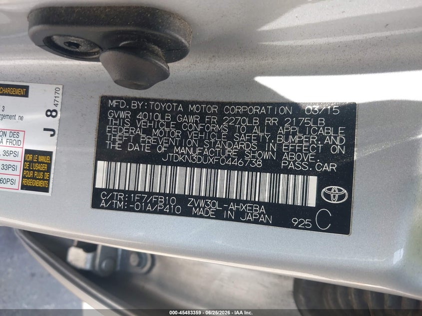 2015 Toyota Prius VIN JTDKN3DUXF0446738 IAAI salvage auction — RIGHT SIDE, Salvage (California), sold $1,200 on 2026-07-21 (photo 9)