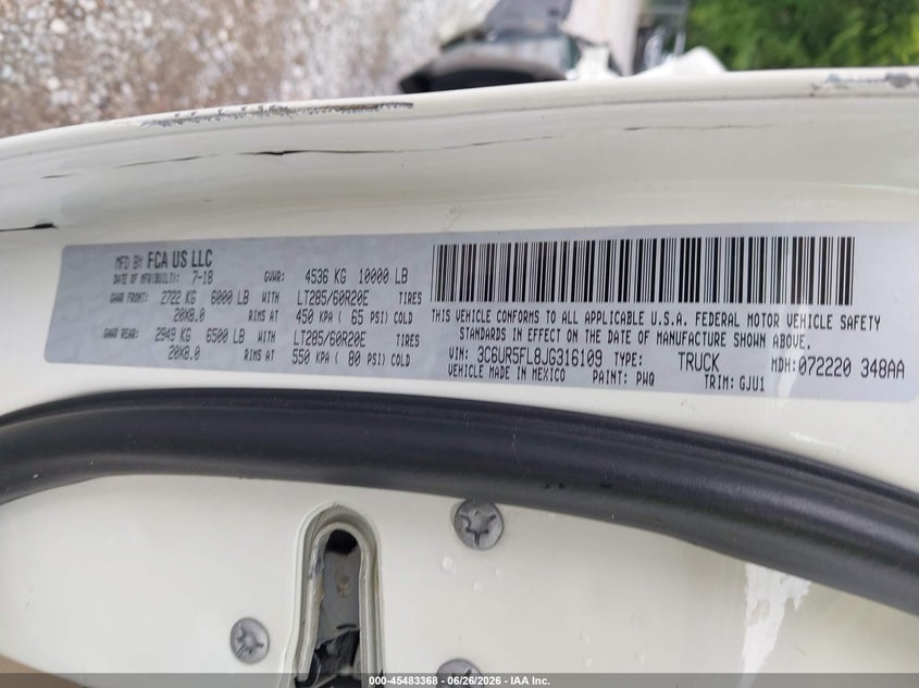 2018 Ram 2500 VIN 3C6UR5FL8JG316109 IAAI salvage auction — LEFT FRONT, Salvage (Idaho), sold $10,000 on 2026-07-28 (photo 9)
