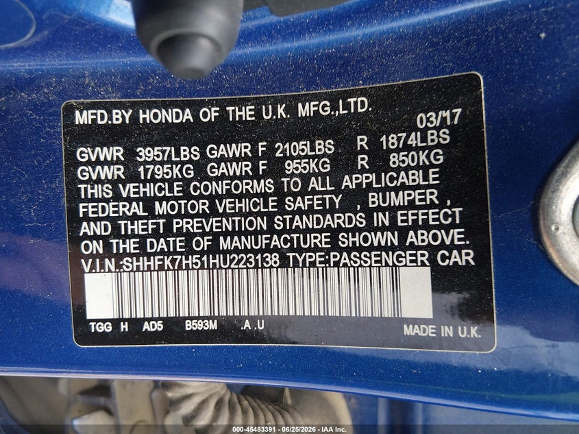 2017 Honda Civic VIN SHHFK7H51HU223138 IAAI salvage auction — NORMAL WEAR, Clear (South Carolina), sold $5,625 on 2026-07-29 (photo 9)