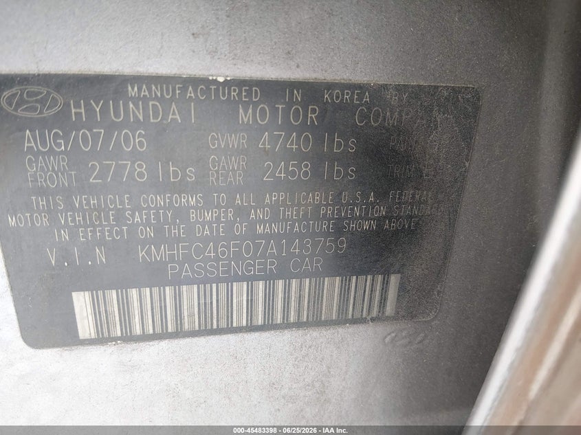 2007 Hyundai Azera VIN KMHFC46F07A143759 IAAI salvage auction — FRONT END, Bill Of Sale (Georgia), sold $550 on 2026-07-20 (photo 9)