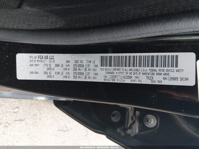 2020 Ram 1500 VIN 1C6SRFFT1LN233984 IAAI salvage auction — FRONT END, Salvage Title, sold $8,500 on 2026-08-01 (photo 9)