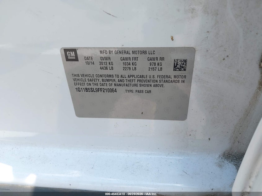 2015 Chevrolet Malibu VIN 1G11B5SL9FF210064 IAAI salvage auction — FRONT END, Salvage (Tennessee), sold $1,000 on 2026-07-09 (photo 9)
