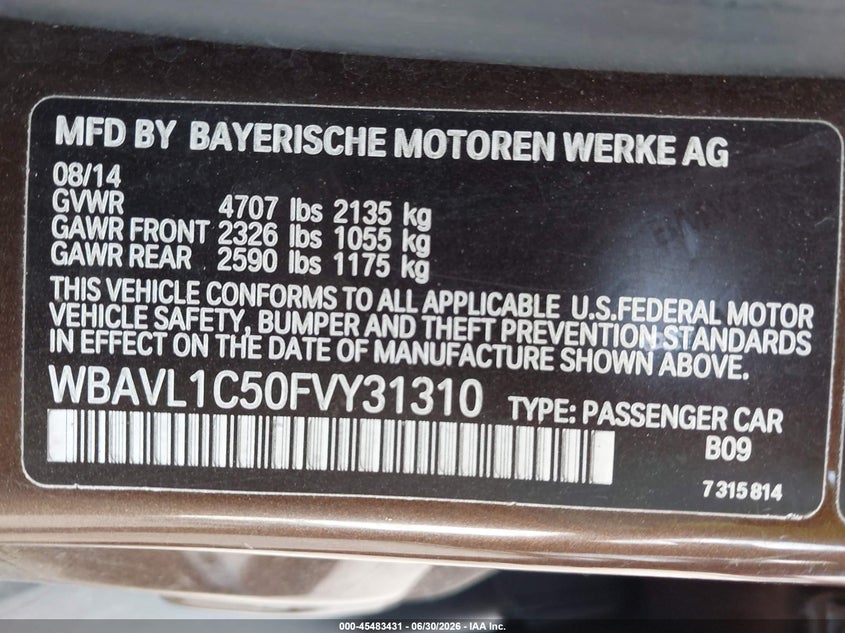 2015 BMW X1 VIN WBAVL1C50FVY31310 IAAI salvage auction — FRONT END, Salvage Title, sold $75 on 2026-07-23 (photo 9)