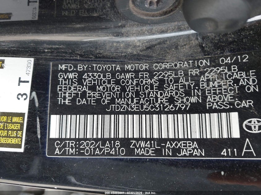 2012 Toyota VIN JTDZN3EU5C3126797 IAAI salvage auction — FRONT END, Salvage Title, sold $2,700 on 2026-07-22 (photo 9)