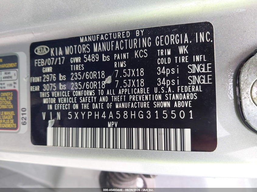 2017 Kia Sorento VIN 5XYPH4A58HG315501 IAAI salvage auction — FRONT END, Salvage (Ohio), sold $2,450 on 2026-07-27 (photo 9)