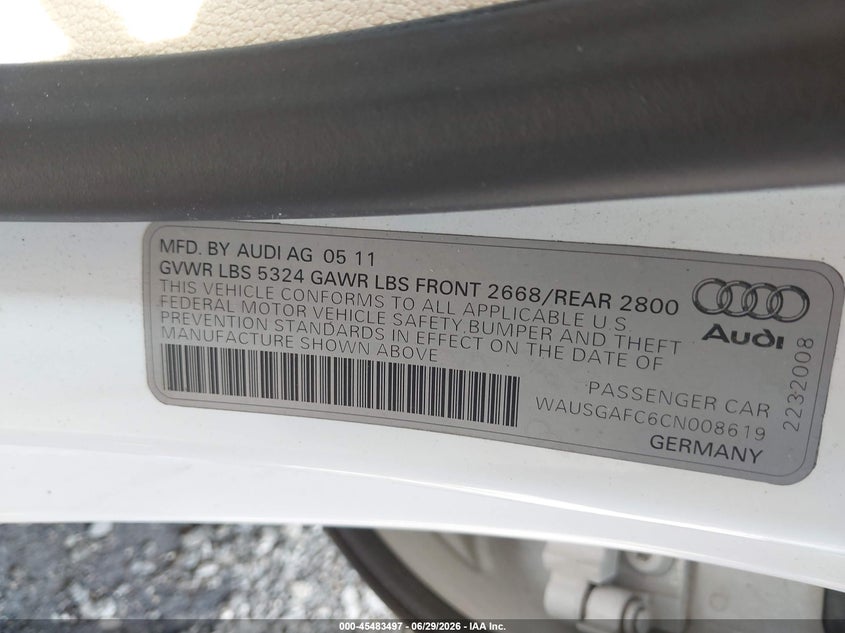 2012 Audi A7 VIN WAUSGAFC6CN008619 IAAI salvage auction — SIDE, Salvage (Ohio), sold $2,650 on 2026-07-15 (photo 9)