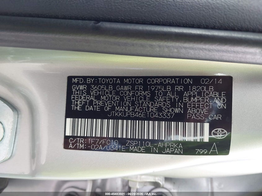 2014 Scion Xd VIN JTKKUPB46E1043337 IAAI salvage auction — LEFT REAR, Salvage (California), sold $3,300 on 2026-07-15 (photo 9)