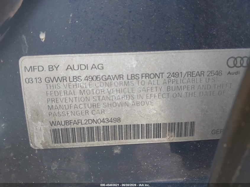 2013 Audi A4 VIN WAUBFAFL2DN043498 IAAI salvage auction — BURN, Mv-907A (New York), sold $300 on 2026-07-28 (photo 9)