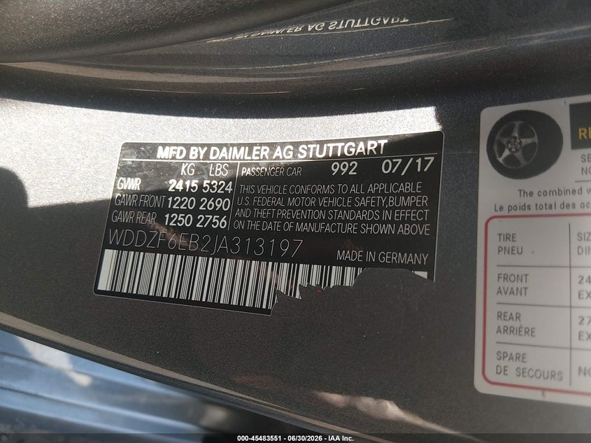 2018 Mercedes-benz VIN WDDZF6EB2JA313197 IAAI salvage auction — NORMAL WEAR, Salvage Title, sold $75 on 2026-07-31 (photo 9)
