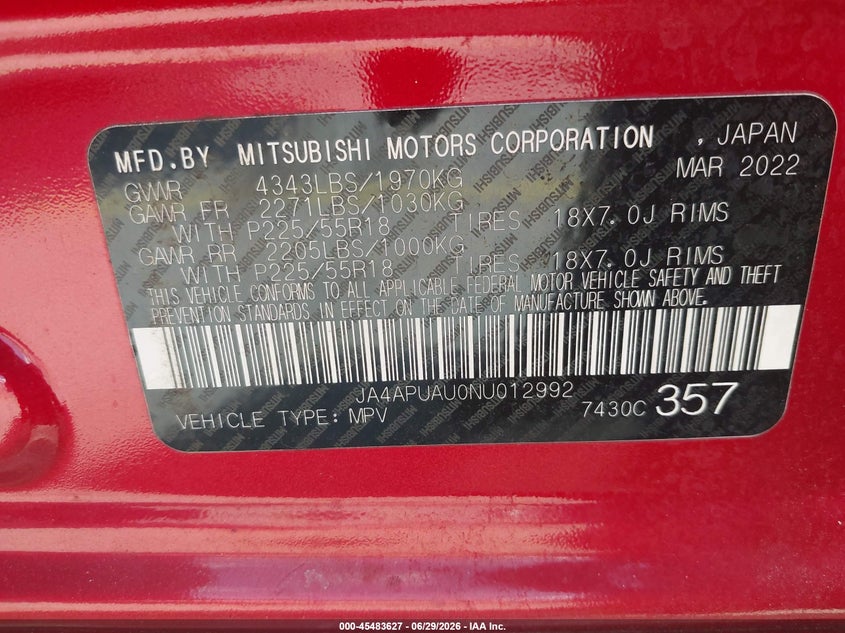 2022 Mitsubishi Outlander VIN JA4APUAU0NU012992 IAAI salvage auction — FRONT & REAR, Salvage Title, sold $3,350 on 2026-07-23 (photo 9)