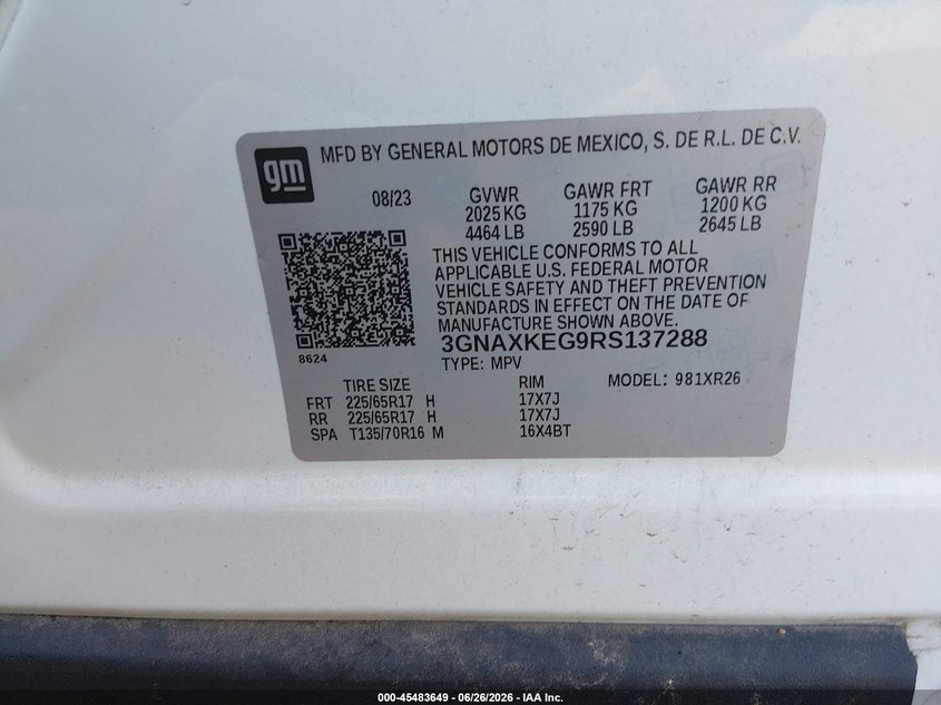 2024 Chevrolet Equinox VIN 3GNAXKEG9RS137288 IAAI salvage auction — REAR END, Salvage (Tennessee), sold $2,850 on 2026-07-26 (photo 9)