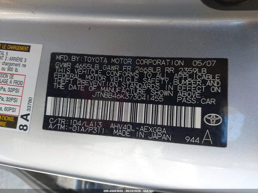 2007 Toyota Camry hybrid VIN JTNBB46K373041455 IAAI salvage auction — RIGHT FRONT, Salvage (California), sold $1,950 on 2026-07-23 (photo 9)